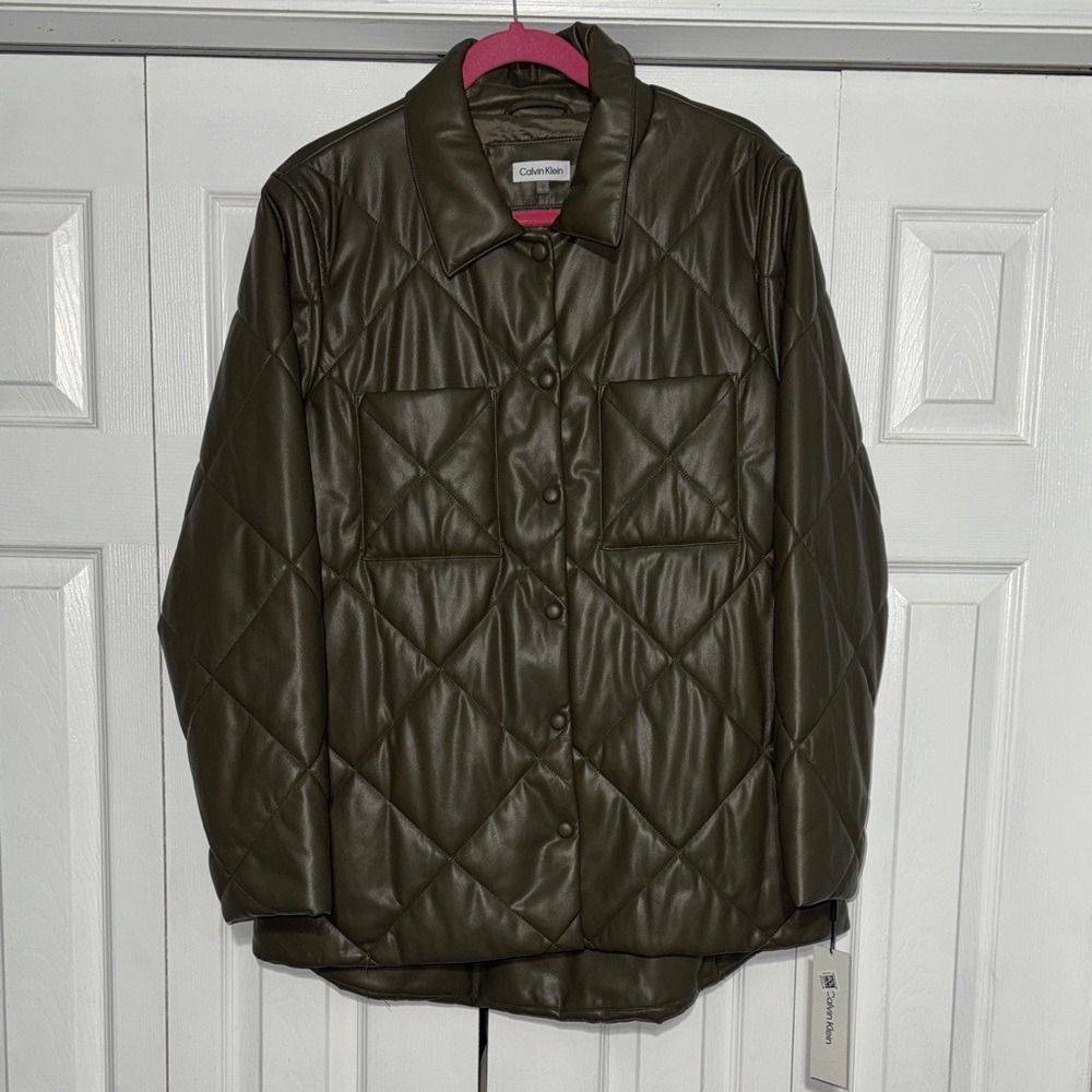 NWT Calvin Klein, olive green, faux, leather quilted jacket